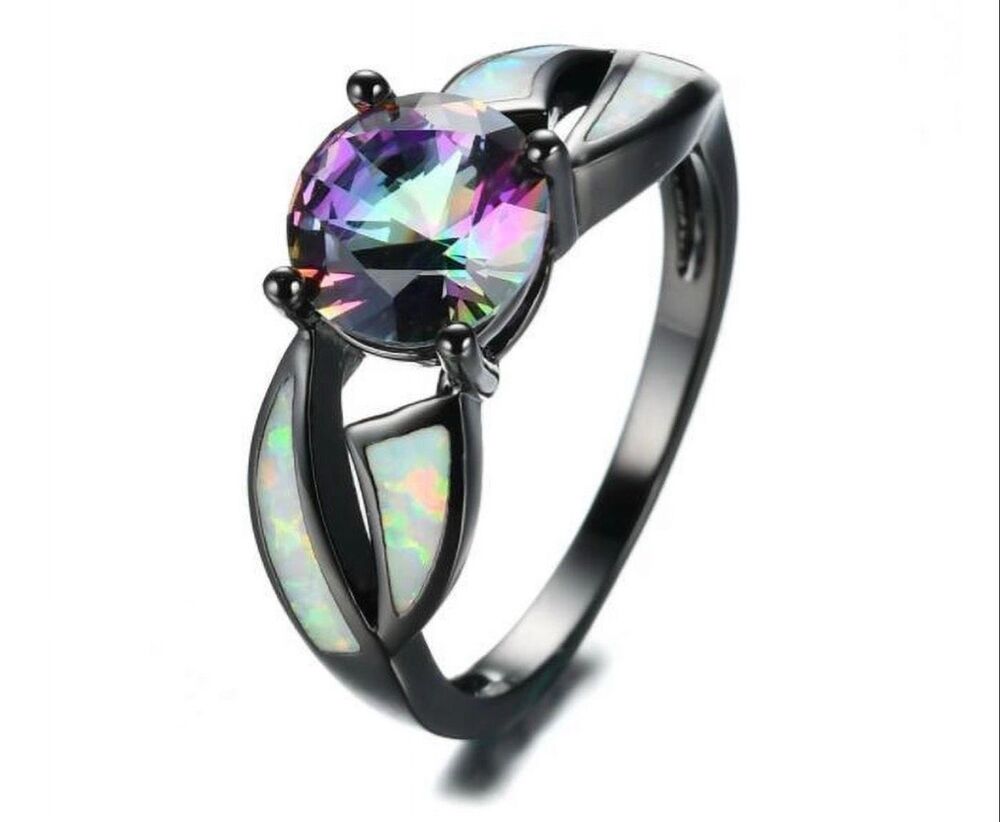 Fire opal rainbow topaz black silver size 7:25